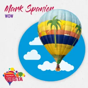 A vibrant hot air balloon with palm trees design floats in front of a sky-themed circle.