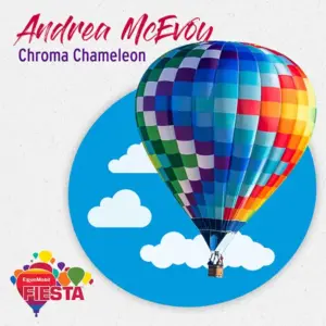 Colorful hot air balloon graphic against a blue sky with clouds.