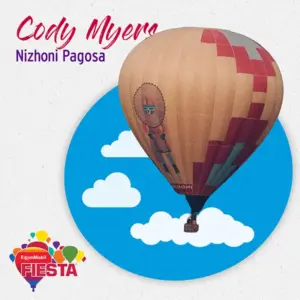 A colorful hot air balloon floats with cloud illustrations. Text reads