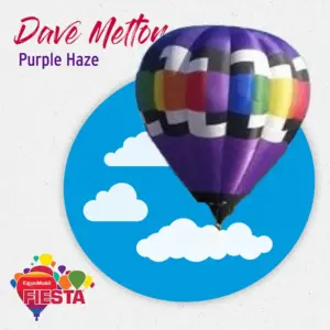 A colorful hot air balloon floats against a blue sky with clouds, promoting the ExxonMobil Fiesta event. Text reads