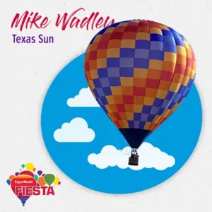 A vibrant hot air balloon with orange, purple, and blue squares is featured against a blue circular background with white clouds.