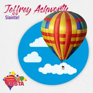 Colorful hot air balloon against blue sky with clouds. Text: