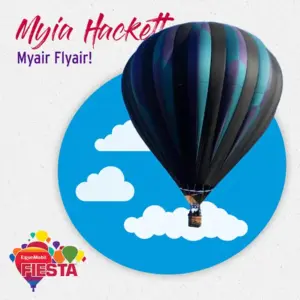 Hot air balloon with blue and purple stripes against a cloudy sky backdrop, featuring