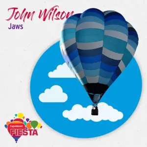 A blue striped hot air balloon flies against a cloud background, with