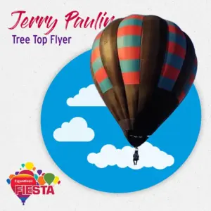 A hot air balloon with red and blue stripes floats against a sky with clouds.