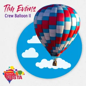 A colorful hot air balloon in a blue sky with clouds and a person in the basket, labeled