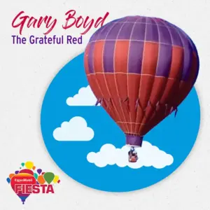 A colorful hot air balloon floats against a blue sky with clouds, promoting the ExxonMobil Fiesta event. Text reads