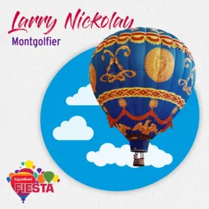 A vibrant Montgolfier-style hot air balloon floats against a blue sky backdrop, featured in the ExxonMobil Fiesta promotional image.