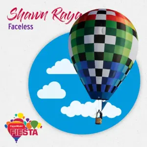 Colorful hot air balloon with checkered pattern floats against cartoon clouds. Text reads