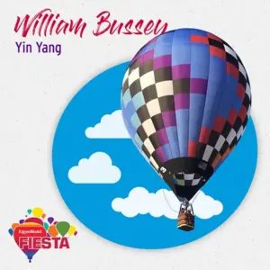 A colorful hot air balloon with a checkered pattern floats against a blue sky backdrop, labeled ExxonMobil Fiesta with graphic elements.