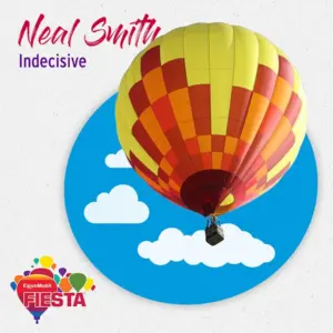 A colorful hot air balloon floats with clouds and a logo for ExxonMobil Fiesta, featuring vibrant text and design elements.