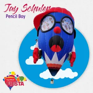 A colorful hot air balloon shaped like a playful character with glasses and a red cap, set against a bright blue sky background.