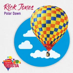 A colorful hot air balloon against a blue sky with clouds, promoting the ExxonMobil Fiesta event featuring