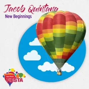 A colorful hot air balloon floats against a cloud-filled sky. Text reads