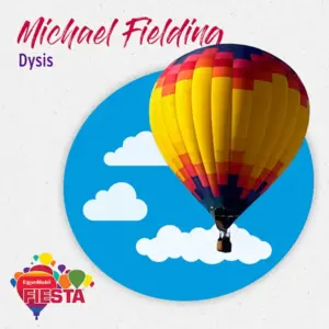 A colorful hot air balloon floats against a blue sky with clouds, featuring event branding and the name