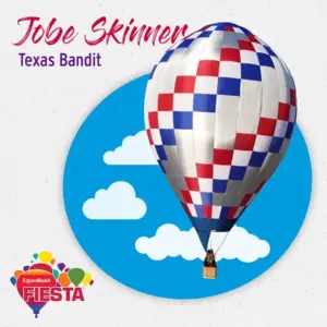 A colorful hot air balloon with a red, white, and blue checkered pattern floats against a sky with clouds background.