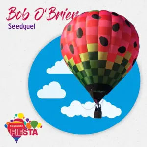 A colorful hot air balloon floats against a blue sky with clouds, featuring event branding: