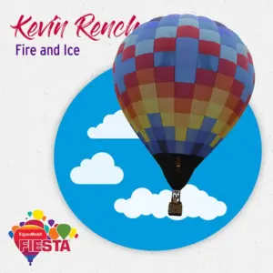 A colorful hot air balloon against a blue sky with clouds. Text reads