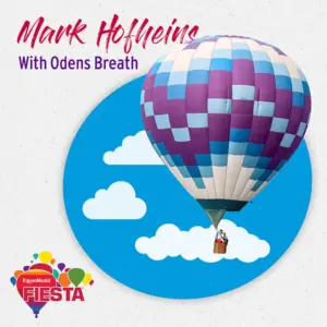 A colorful hot air balloon floats in a blue sky with clouds, featured in an ExxonMobil Fiesta promotional graphic.