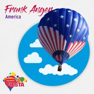 A colorful hot air balloon with stars and stripes design, floats against a blue background with clouds.