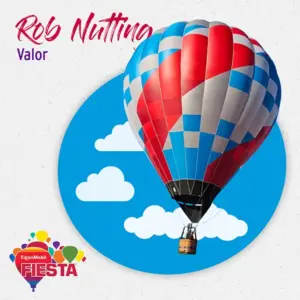 A colorful hot air balloon against a blue sky with clouds, and a Fiesta logo at the bottom left corner.