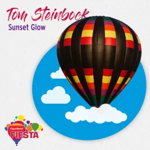 A colorful hot air balloon floats in a bright blue sky with clouds, promoting the ExxonMobil Fiesta event.