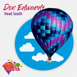 A colorful hot air balloon floats against a blue sky with clouds. Text reads