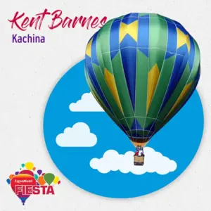 A colorful hot air balloon floats over clouds, featuring the text