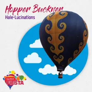 A blue and orange hot air balloon labeled