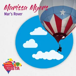 A hot air balloon with star design, person below, floats near clouds.