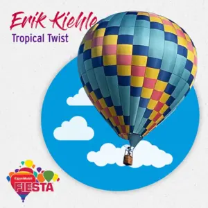 A colorful hot air balloon floats against a cartoon sky backdrop.