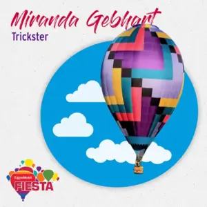 A colorful hot air balloon with geometric patterns floats against a blue sky with clouds, featuring the text