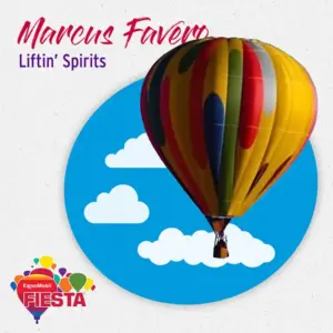 A colorful hot air balloon against a sky with clouds, promoting ExxonMobil Fiesta. Text says