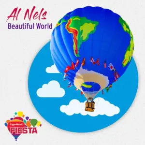 A hot air balloon shaped like Earth with flags, promoting ExxonMobil Fiesta. Blue sky background with clouds. Text: