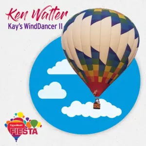 A colorful hot air balloon floats against a blue sky with clouds, part of the ExxonMobil Fiesta event branding design.