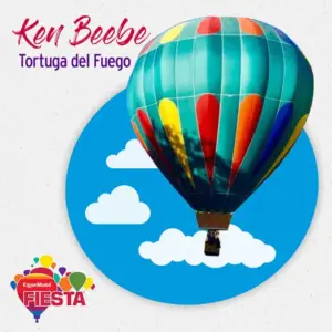 A colorful hot air balloon against a blue sky with clouds. Text reads