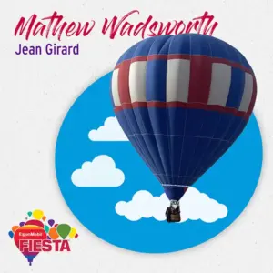 A blue and white hot air balloon floats against cartoon clouds.