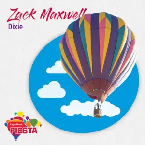 A colorful hot air balloon soars against a blue sky with clouds. Fiesta logo and text,
