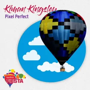 Colorful hot air balloon graphic against a blue sky with clouds. Display includes