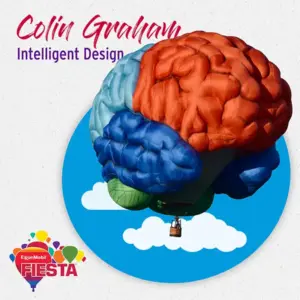 A colorful hot air balloon shaped like a brain floats in the sky during an event, featuring the text