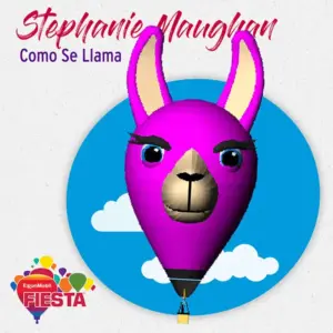 Colorful llama-shaped hot air balloon graphic with clouds, under