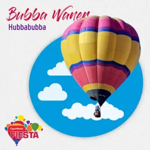 A colorful hot air balloon with a person inside, floating against a background of white clouds and a blue sky. Fiesta event branding.