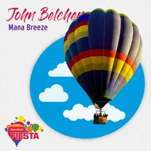 Colorful hot air balloon with people in basket against blue sky with clouds.