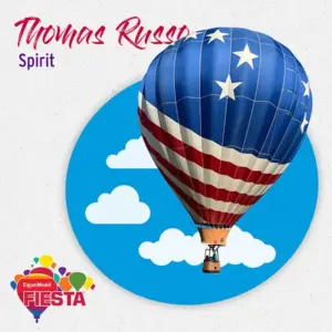 A hot air balloon with stars and stripes design floats in a bright sky illustration. Fiesta and sponsor logos are present.