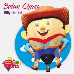 Cartoon-style hot air balloon depicting a smiling character in a cowboy hat, with