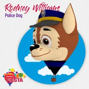 A cartoon police dog character is depicted as a hot air balloon against a blue sky background with the text