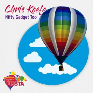 A colorful hot air balloon floats against a blue sky backdrop with clouds, alongside event branding for ExxonMobil Fiesta and