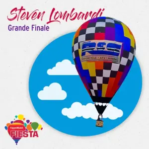 Colorful hot air balloon against blue sky with clouds illustration, featuring a checkered pattern. Text: