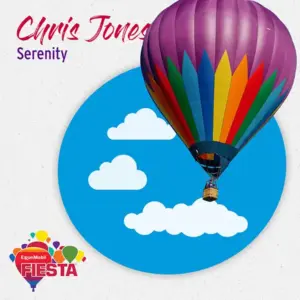 A colorful hot air balloon floats over a blue, cloud-filled circle. Text: