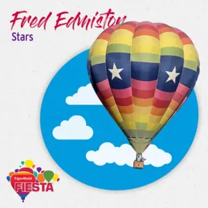 Colorful hot air balloon with stars, set against a blue sky with clouds. Text reading